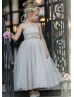Gray Lace Tulle Ankle Length Country Flower Girl Dress
